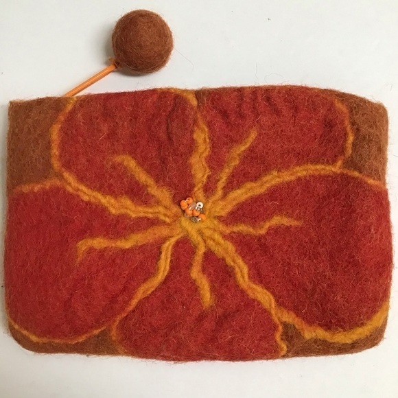 Artisan Wool Felt Orange Red Hibiscus Flower Zip Coin Purse 4x6” Hawaii Pom Pom - Picture 5 of 8